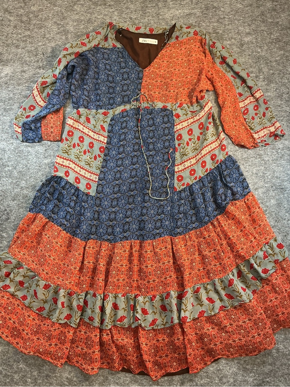 Zara Blue & Orange Patchwork Tiered Maxi Dress Size L